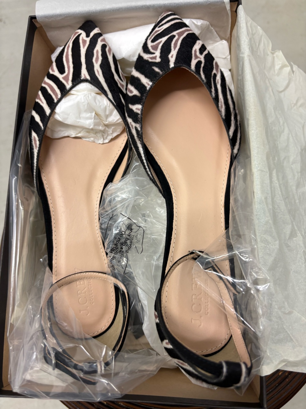 J. Crew Collection Sadie Ankle-Strap Flats in Zebra Calf Hair. Size 9. New.